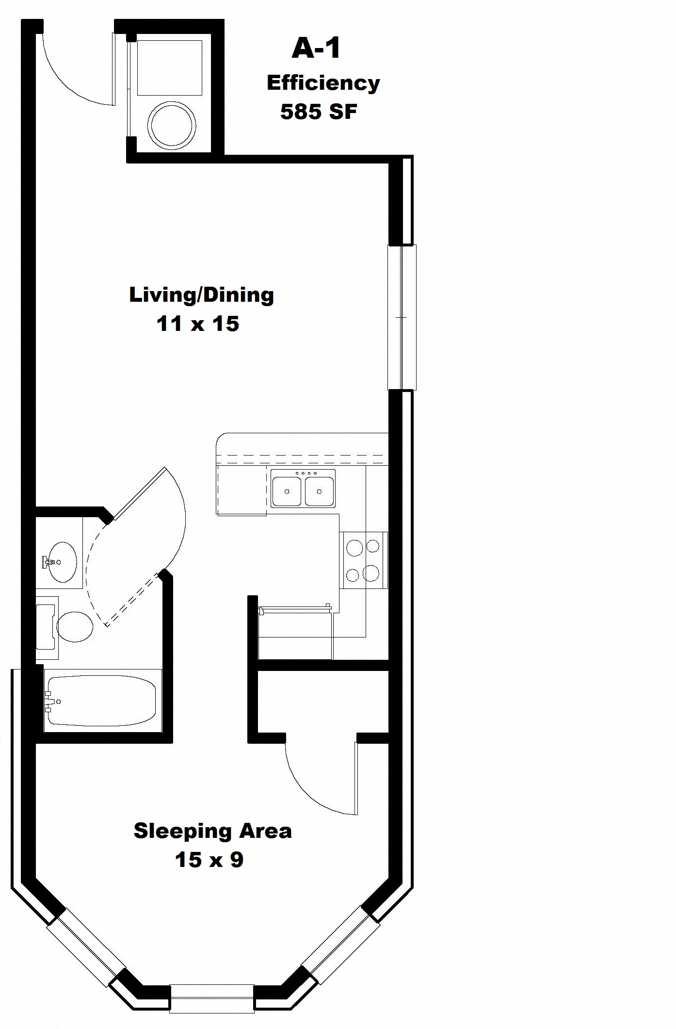 Floor plan for 1 bed, 1 bath, 585 sqft